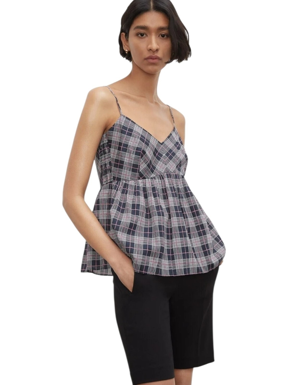 New Club Monaco Black & Pink Plaid Spaghetti-Strap Peplum Camisole